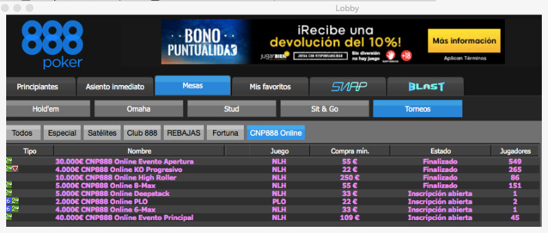 Torneos de las CNP 888 Series Online